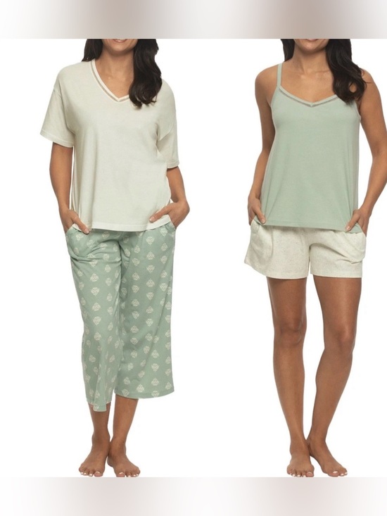 Felina Other - Women's Four-Piece Sage & Cream Sleep Set - Lightweight Camisole & Lounge Pants